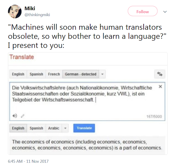 Tuit que ilustra las limitaciones de la traducción automática