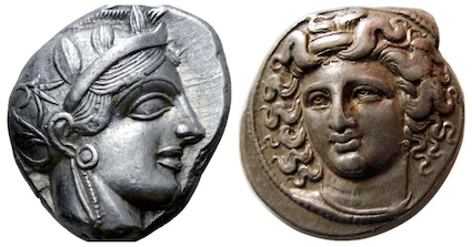 Moneda de la Antigua Grecia con efigies de ojos almendrados