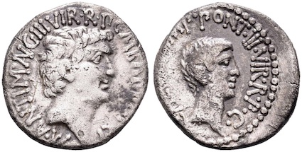 Moneda romana con Marco Antonio y Octavio