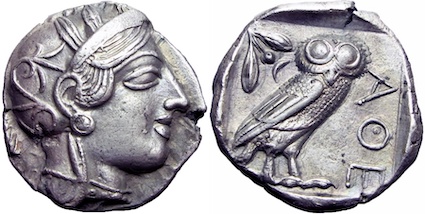 Moneda de la Antigua Grecia con el mochuelo de Atenea