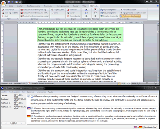 Pantalla con Microsoft Word y SDL Trados Translator's Workbench.