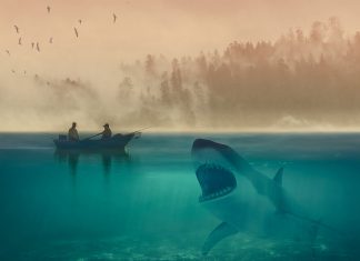 Interpretación remota: ¿océano rojo de competencia feroz? Balsa acechada por un tiburón