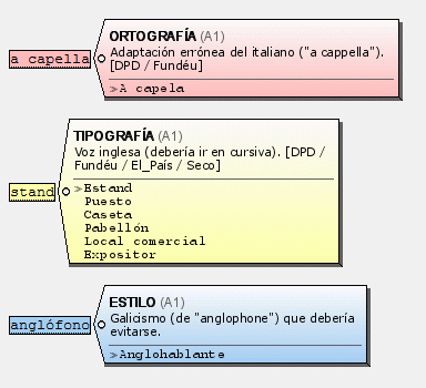 Captura de pantalla que muestra el origen y las propuestas de traducción de varias voces extranjeras.