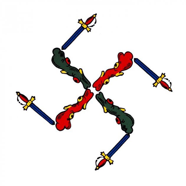 Cuatro bastos de los de las barajas forman una letra X. Del extremo distal de cada uno de ellos parte una espada que forma un ángulo recto con el basto. El conjunto tiene forma de esvástica.