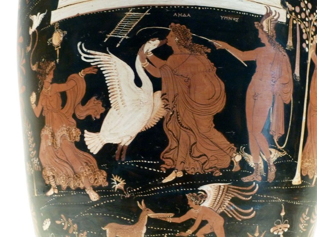Zeus transformé en cygne s’unit à Léda envoûtée par Hypnos.