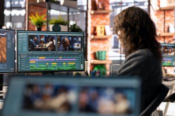 Persona sentada delante de una pantalla de ordenador con un programa de edición audiovisual.