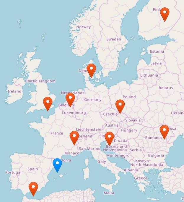 Mapa en el que está marcada la ubicación de los distintos socios del proyecto EFFORT.